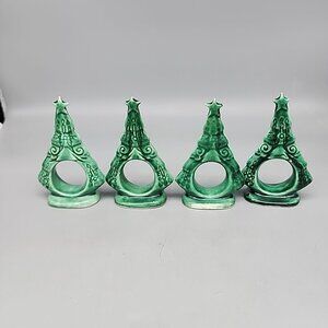 Vtg Christmas Tree Ceramic Napkin Ring Holders Set of 4 Made in Philippines MCM